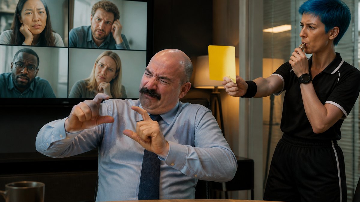 Numa sala de reunião, um homem de meia-idade, careca, de bigode farto e camisa social suada, faz careta e desenha com os dedos uma caixinha imaginária no ar, evitando dizer uma palavra. No telão atrás dele, quatro colegas estrangeiros em videochamada tentam adivinhar a charada com expressão confusa. Ao lado, uma jovem de cabelo curto azul, vestida de juíza de futebol, sopra um apito e ergue um cartão amarelo para ele.