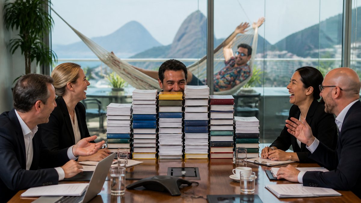 Numa reunião internacional, um brasileiro ri da piada junto com os colegas, escondido atrás de uma muralha de dicionários e papéis empilhados sobre a mesa. Pela janela, com o Pão de Açúcar ao fundo, uma versão dele, de óculos escuros e confiante, acena de uma rede.