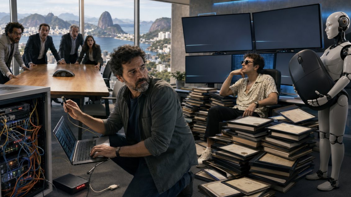 Numa sala com vista para o Pão de Açúcar, um homem de barba, agachado, mexe nos cabos de um rack enquanto olha um notebook. Atrás dele, executivos observam tensos de pé junto à mesa de reunião. À direita, um jovem de óculos escuros relaxa na cadeira cercado de pilhas de certificados emoldurados, ao lado de um robô que segura um mouse gigante.