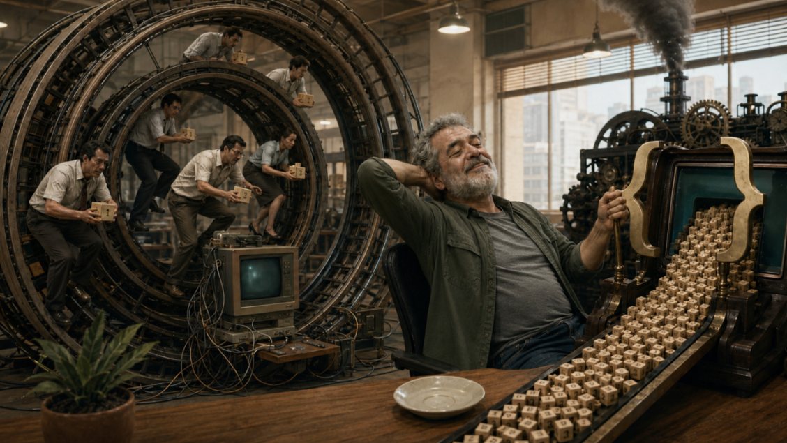 Num escritório antigo, funcionários de camisa e gravata correm dentro de grandes rodas giratórias de metal carregando caixinhas, como hamsters. Em primeiro plano, um homem grisalho de barba relaxa na cadeira, de olhos fechados, enquanto puxa a alavanca de uma máquina em forma de chaves que despeja centenas de cubos numerados sobre a mesa.