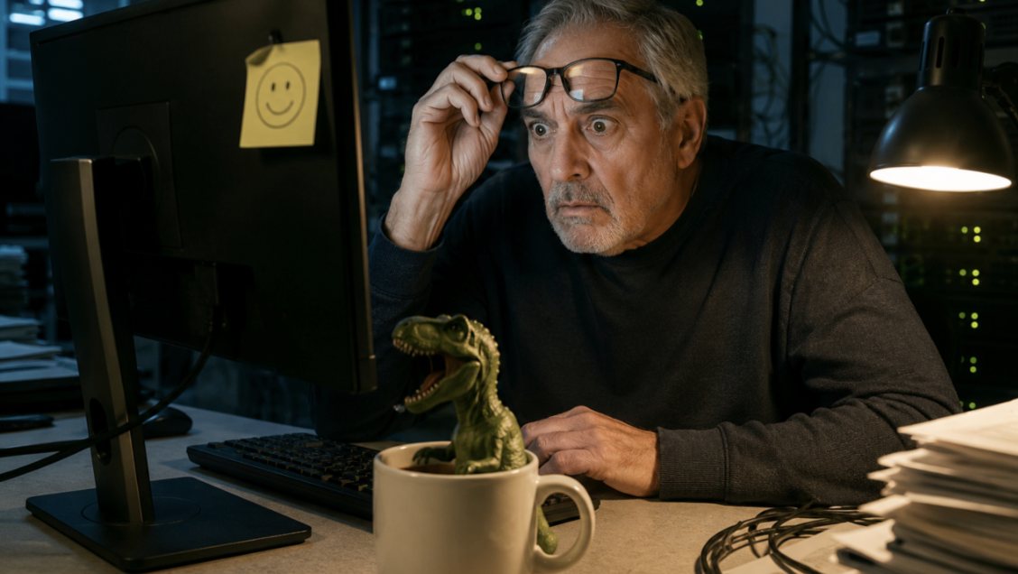 Um homem de cabelos grisalhos ergue os óculos e encara o monitor com os olhos arregalados, numa sala de servidores pouco iluminada. No monitor, um bilhete amarelo com uma carinha sorridente. Sobre a mesa, um dinossauro de brinquedo sai de dentro de uma caneca, ao lado de uma pilha de papéis e de uma luminária acesa.