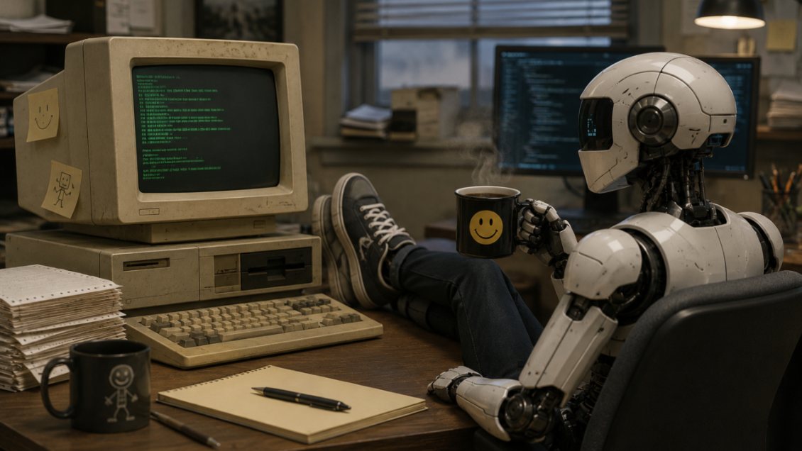 Um robô branco, recostado na cadeira com os pés de tênis apoiados na mesa, segura uma caneca com uma carinha sorridente. À sua frente, um computador bege dos anos 80 com tela de fósforo verde, teclado antigo, formulário contínuo e bilhetes colados no monitor. Ao fundo, um monitor moderno mostra código.