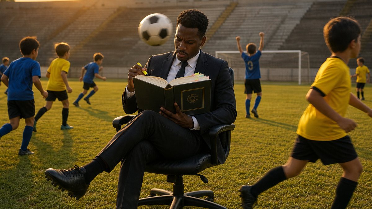 Num campo de futebol ao entardecer, um homem de terno, gravata e chuteiras lê concentrado um regulamento de capa dura, sentado numa cadeira de escritório no meio do gramado. Ao redor, crianças jogam uma partida animada, e a bola passa raspando pela cabeça dele.