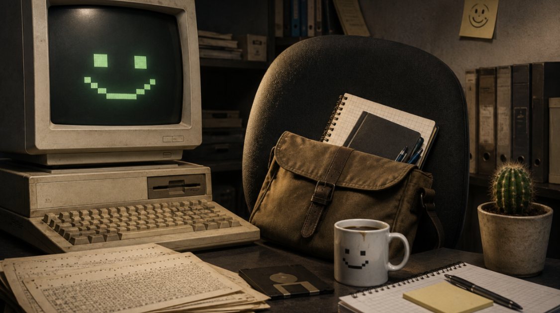 Uma mesa antiga com um computador bege dos anos 80, cuja tela verde mostra uma carinha sorridente feita de pixels. Na cadeira, uma bolsa de lona com cadernos e canetas. Sobre a mesa, uma caneca com carinha sorridente, um disquete, listagens em formulário contínuo, um bloco quadriculado e um vasinho de cacto.
