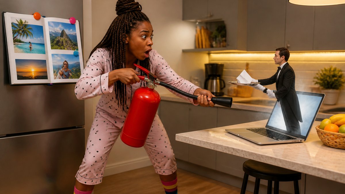 Numa cozinha de apartamento à noite, uma jovem negra de tranças, de pijama e meias listradas, aponta em pânico um extintor de incêndio para o notebook aberto sobre a bancada. Da tela sai um mordomo em miniatura, de fraque e luvas brancas, oferecendo com serenidade um bilhete dobrado numa bandeja de prata. Na porta da geladeira, um álbum de fotos de férias está preso com ímãs, intacto.
