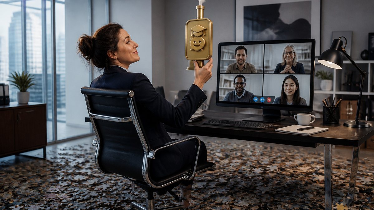 Numa videochamada com clientes estrangeiros, uma executiva de blazer ergue com orgulho um troféu dourado de aplicativo de idiomas. No chão do escritório, em volta da cadeira dela, um quebra-cabeça gigantesco está todo desmontado.