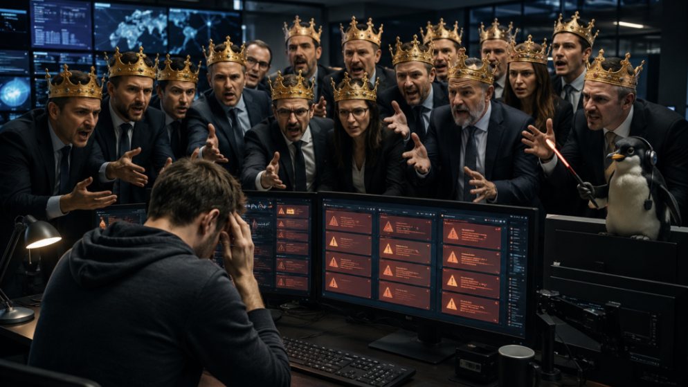 Um profissional de moletom, com a mão na cabeça, encara monitores cheios de alertas vermelhos. Atrás dele, uma multidão de executivos de terno, todos com coroas douradas, aponta para as telas e reclama ao mesmo tempo. No canto, um pinguim de headset segura um sabre de luz.