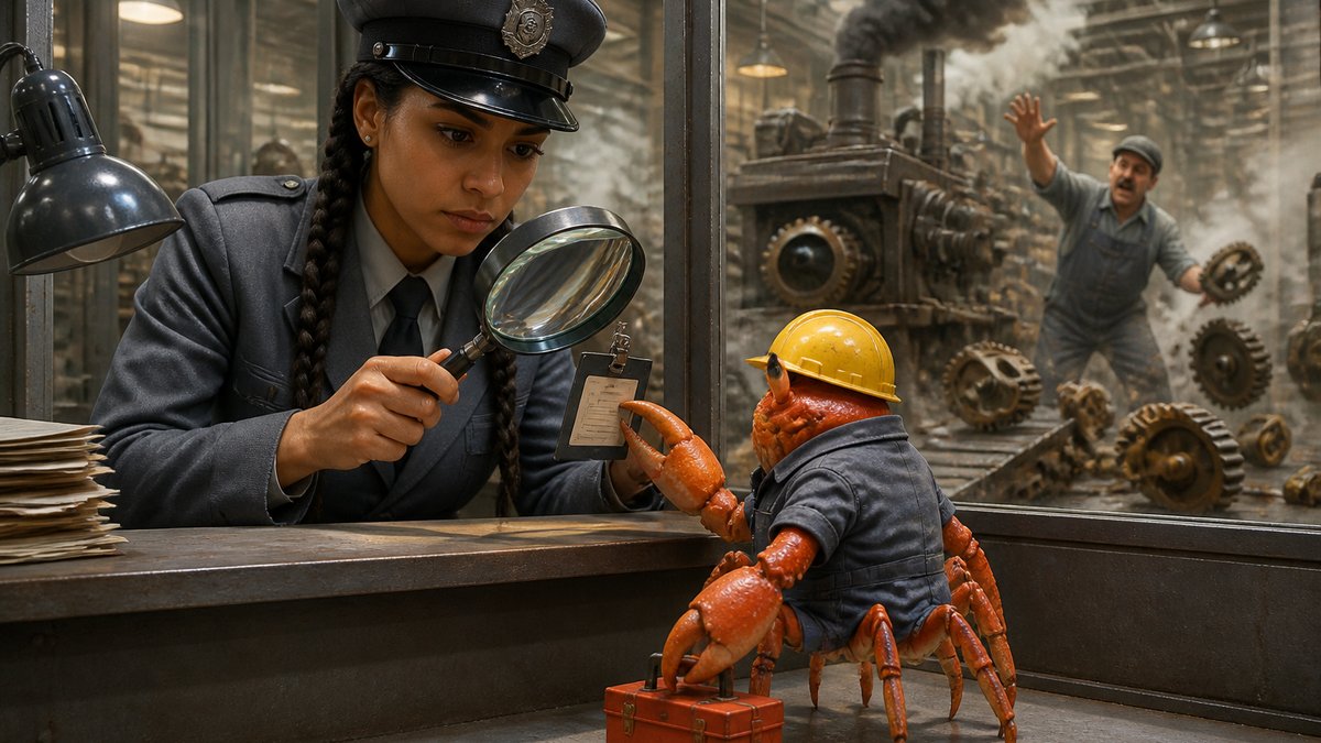 Na guarita envidraçada de uma fábrica antiga, uma vigia jovem de tranças, quepe e uniforme cinza examina com uma lupa enorme o crachá de um caranguejo laranja de capacete amarelo e macacão, que espera com uma caixa de ferramentas aos pés. Atrás do vidro, as máquinas da fábrica soltam fumaça, engrenagens rolam pelo chão e um operário de bigode acena desesperado pedindo socorro.