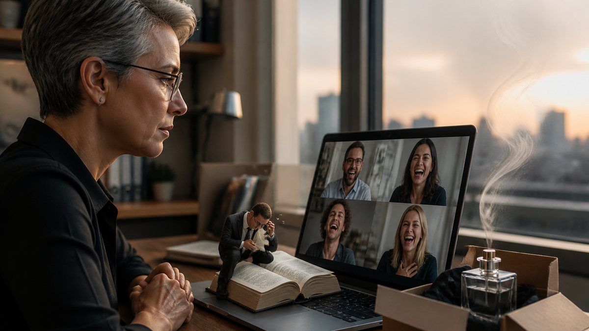 Numa videochamada de trabalho, uma desenvolvedora grisalha de óculos olha a tela com seriedade educada enquanto os colegas estrangeiros gargalham. Sobre o teclado, um intérprete em miniatura, de terno, folheia um dicionário enorme procurando a piada. Ao lado, um frasco de perfume vazio numa caixa de entrega, com a fragrância escapando em fumaça.