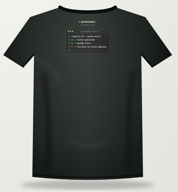Costas da camiseta, com a marca, o endereço e uma janela de terminal