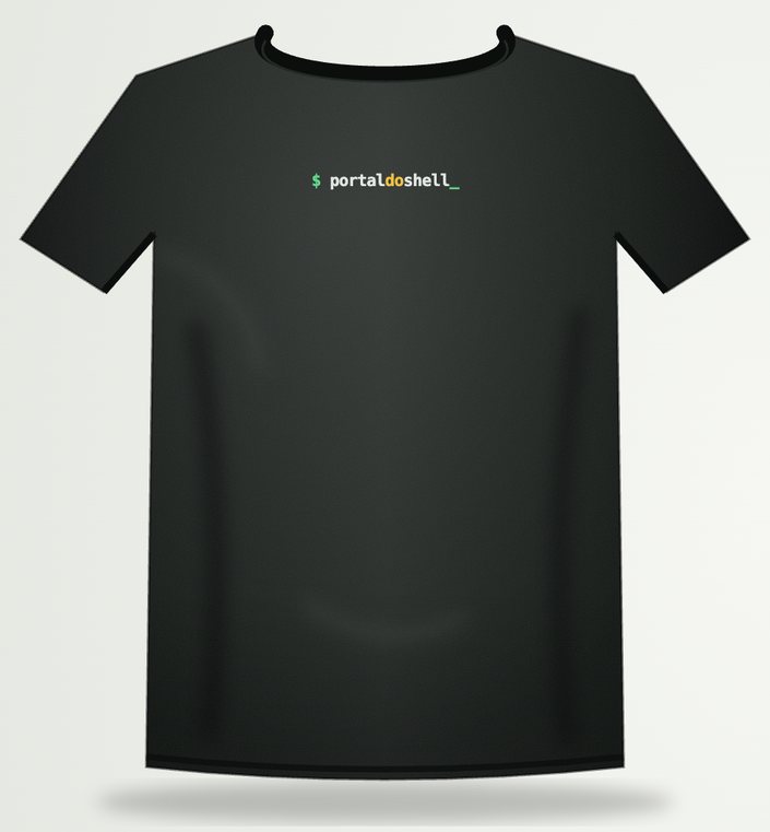 Frente da camiseta preta, com a marca $ portaldoshell_ no peito