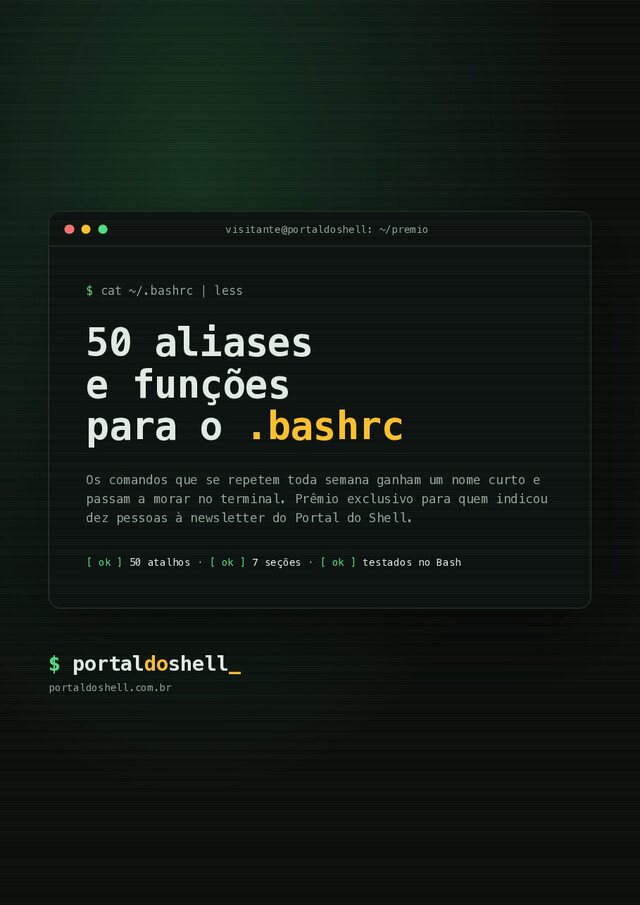 Capa do PDF 50 aliases e funções para o .bashrc, em janela de terminal